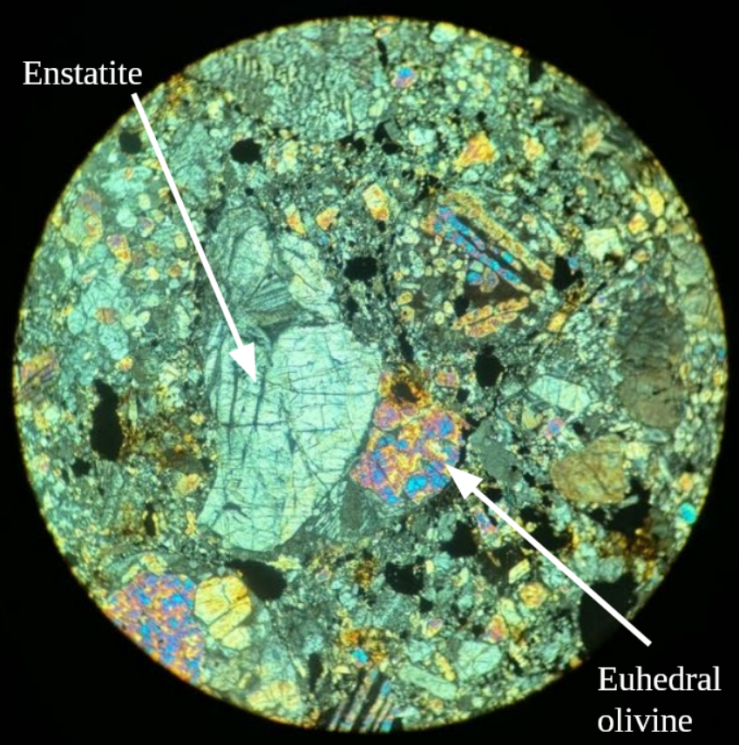 light colored grain of reflective enstate and bright multicolored olivine with arrows pointing them out in a thin sample under cross-polarized light